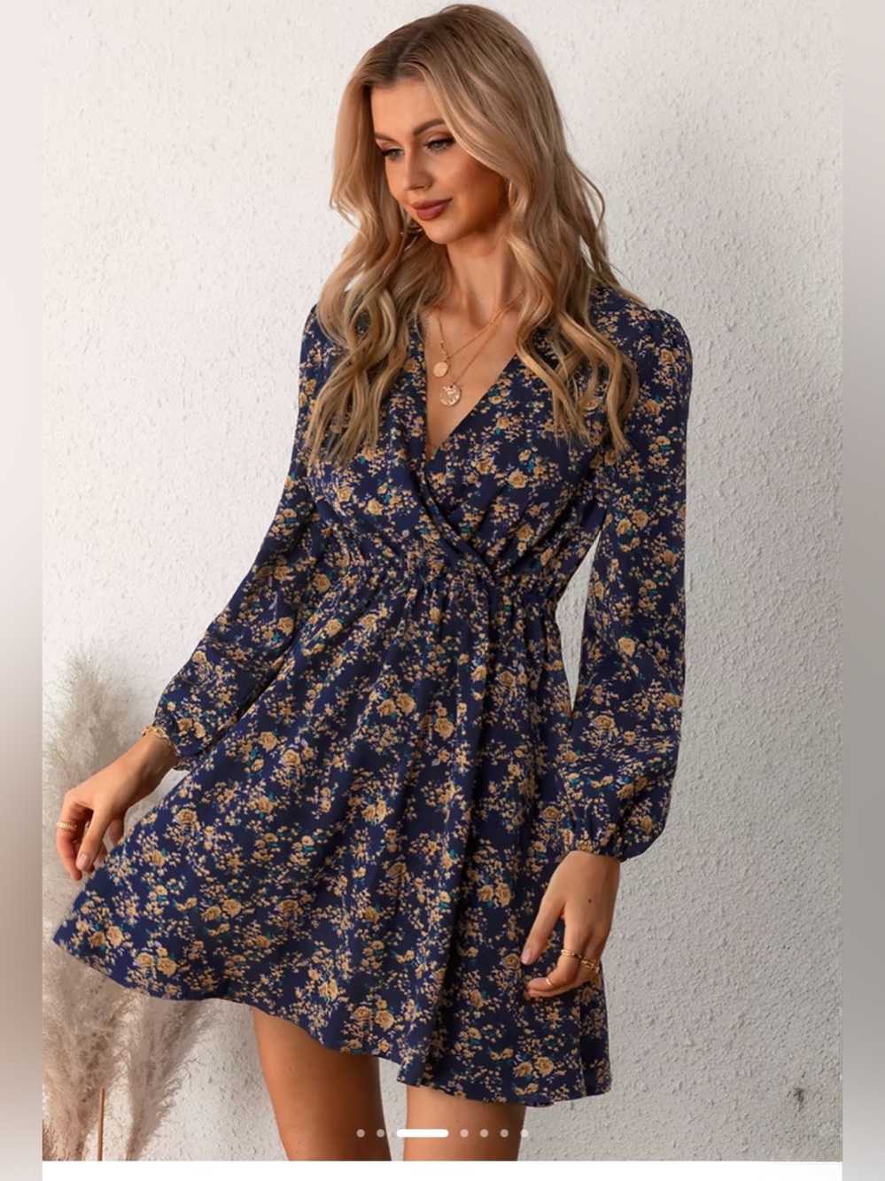 Cupshe navy floral long sleeve v-neck boho fit and flare dress size large NWT - Picture 2 of 14